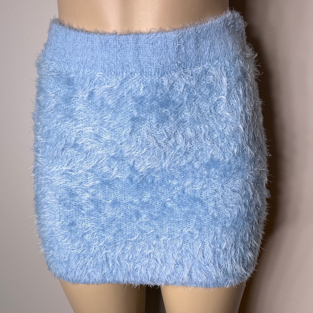 Plush Light Blue Fuzzy Knit Mini Skirt